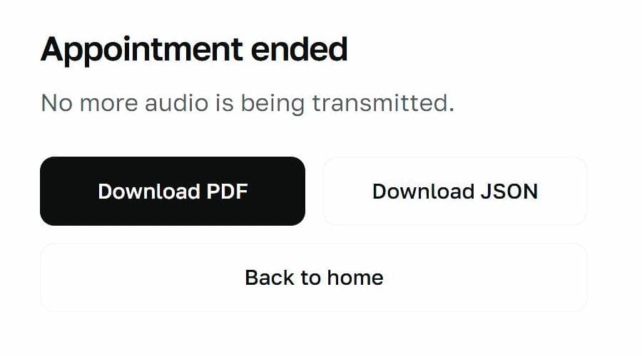 Equilingua appointment ended screen with PDF and JSON export options