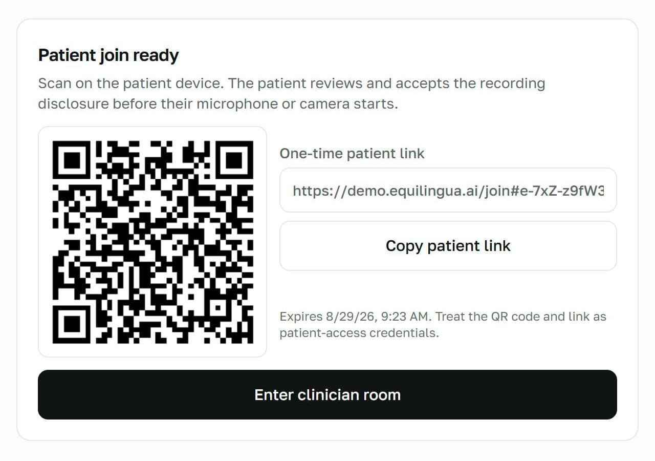 Equilingua patient join screen with a QR code and one-time link