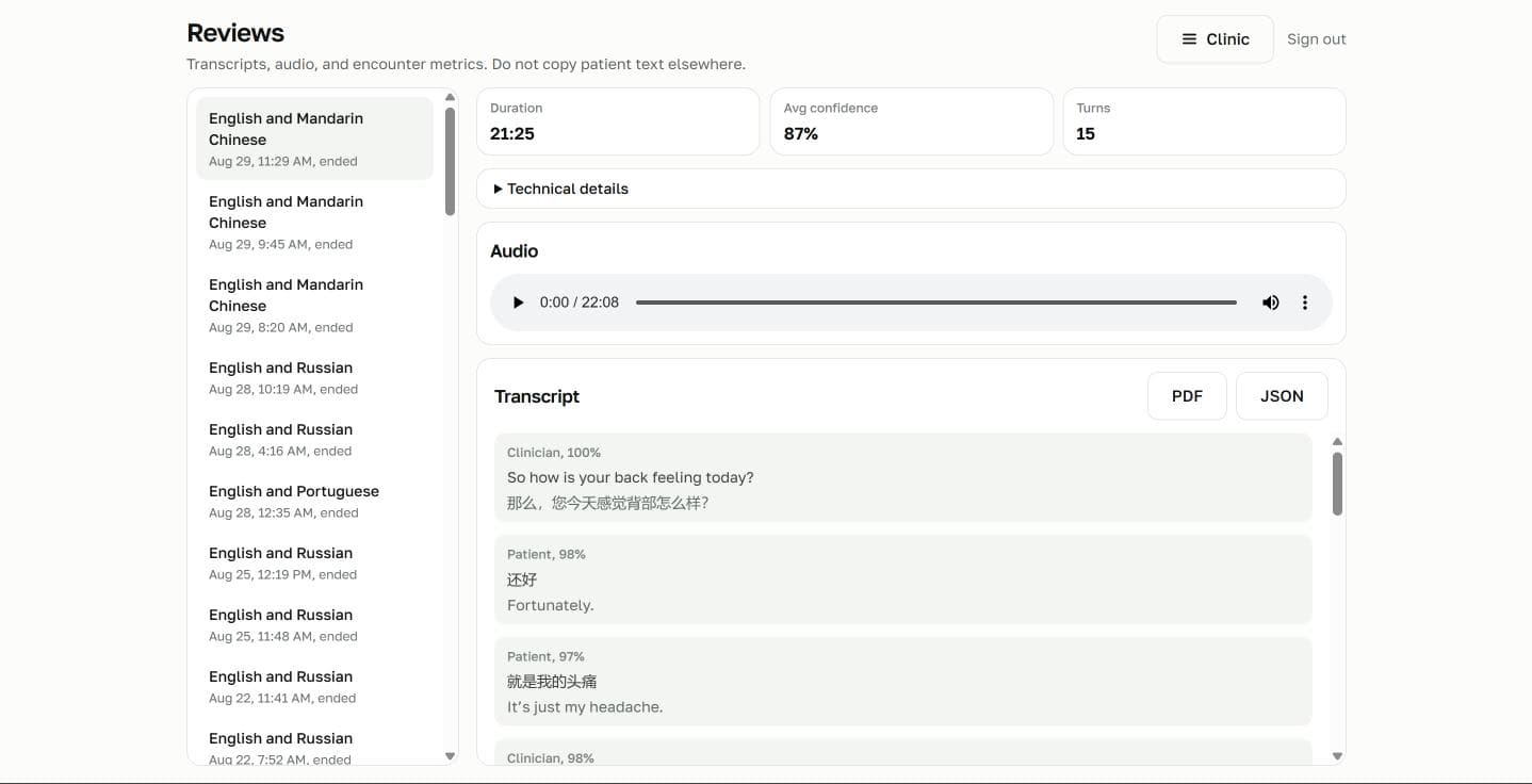 Equilingua review dashboard showing session metrics and a dual-language transcript